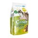 Eine Tüte Versele-Laga Crispy Muesli für Kaninchen, mit Bildern eines Kaninchens und eines Meerschweinchens, mit Text, der "Gemüse!" und "extra Fasern" hervorhebt.