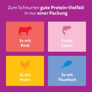 Text: 'Zum Schnurren gute Protein-Vielfalt in nur einer Packung'; Felder: 3x mit Rind, Lachs, Huhn, Thunfisch.