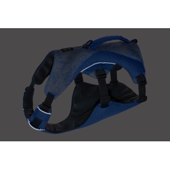 Ein blauer Haustiergeschirr mit gepolsterten Riemen und verstellbaren Schnallen, entworfen für Komfort und Sicherheit.