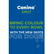 Blaues Plakat mit 'Canina SHOT'-Logo, Text 'Bring colour to every bowl with the new shots for dogs!' und Pfotenabdrücken.