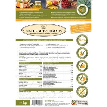 Tierfutterverpackung mit "Naturgut-Schmaus" getreidefreiem Hundefutter, das Insektenprotein, Nährwertinformationen und Zutaten hervorhebt.