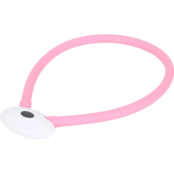 Collier pour animaux de compagnie en silicone rose avec un bouton blanc pour l'activation, conçu pour le confort et la visibilité.