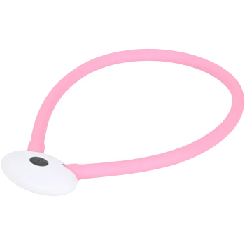 Roze siliconen huisdierhalsband met een witte knop voor activatie, ontworpen voor comfort en zichtbaarheid.
