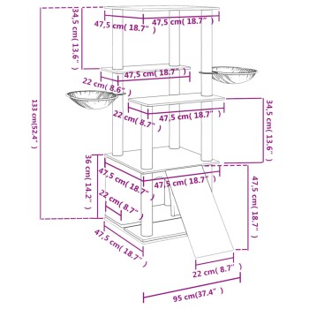Illustration eines mehrstöckigen Katzenbaums mit in Zentimetern und Zoll beschrifteten Abmessungen, mit zwei Schalen und einer Rampe.