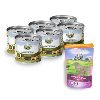 Sechs Dosen "Landgut-Menü Insekten" Tiernahrung und ein Beutel "Immuns Pulver" Immunpulver für Haustiere, mit einem Design einer grasbewachsenen Landschaft.