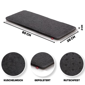 Schwarze Haustiermatte mit den Maßen 60 cm x 26 cm x 2 cm, beschriftet mit "kuschelweich," "gepolstert," und "rutschfest."