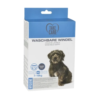 Verpackung für eine waschbare Hundewindel, zeigt einen braunen Hund und Größeninformationen (XS-XL, 7-16kg) auf Deutsch und Englisch.