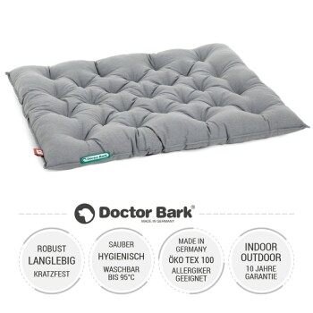 Graues Hundebett für große Hunde, das ungefähr 90 cm mal 70 cm misst und 8 cm dick ist, geeignet für Rassen wie Labrador und Golden Retriever.