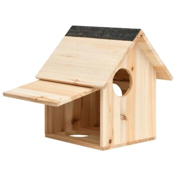 Holz-Vogelhaus mit einem schrägen Dach, mit zwei runden Eingangsöffnungen und einer natürlichen Holzoberfläche.