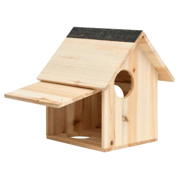 Holz-Vogelhaus mit einem schrägen Dach, mit zwei runden Eingangsöffnungen und einer natürlichen Holzoberfläche.