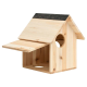 Holz-Vogelhaus mit einem schrägen Dach, mit zwei runden Eingangsöffnungen und einer natürlichen Holzoberfläche.