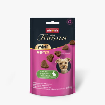 Animonda Vom Feinsten Mini Bites – Pute mit Kaninchen + Heidelbeere (Pute, Kaninchen & Heidelbeere), 50 g, Bild eines kleinen Hundes.