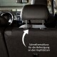 Kopfstütze für die Rückbank mit einem weißen Pfeil, der auf einen Schnellverschluss zeigt, der als "Schnellverschluss für die Befestigung" beschriftet ist.