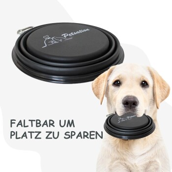 Schwarze zusammenklappbare Haustierschüssel mit "Petsation"-Logo, begleitet von dem Text "FALTBAR UM PLATZ ZU SPAREN".