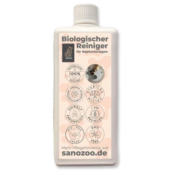 Biologischer Reiniger für Haustierfuttermatten von Sanozoo, mit Symbolen für 100% natürliche Inhaltsstoffe, Umweltfreundlichkeit und veganer Zertifizierung.