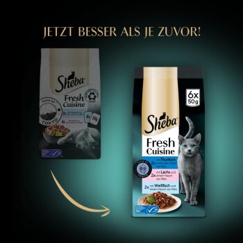 Verpackung für Sheba Fresh Cuisine Katzenfutter, mit zwei Sorten: Thunfisch und Lachs mit Reis. Der Text lautet "JETZT BESSER ALS JE ZUVOR!"