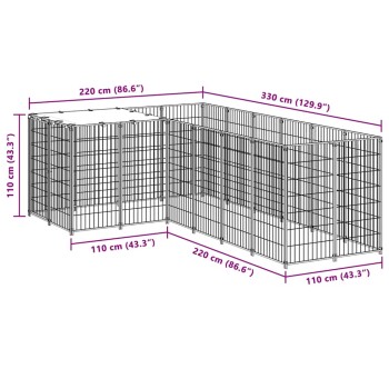 Ein großes schwarzes Metallhaustiergehege mit den Abmessungen: 220 cm und 330 cm in der Länge und 110 cm in der Höhe.