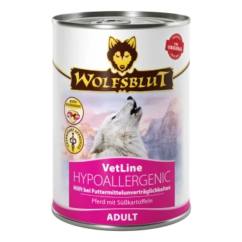 Dosen-Hundefutter "Wolfsblut VetLine Hypoallergenic" mit einem heulenden Wolf, Bergen und Zutaten: Pferd und Süßkartoffeln.