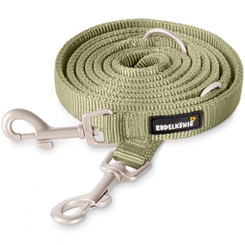 Eine grüne Hundeleine mit einem stabilen Clip und verstellbaren Ringen, die ein schwarzes Etikett mit dem Markennamen "Rudelköng" trägt.