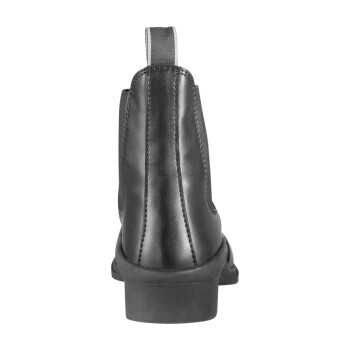 Schwarze Leder-Stiefelette mit niedrigem Absatz und einer Zuglasche auf der Rückseite, die ein schlankes und stilvolles Design zeigt.