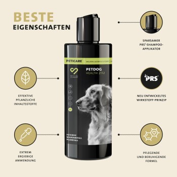 Schwarze Shampoo-Flasche mit der Aufschrift "PETDOG HEALTH 2112" und dem Profil eines Hundes, mit Text über effektive Inhaltsstoffe und beruhigende Formel.