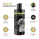 Schwarze Shampoo-Flasche mit der Aufschrift "PETDOG HEALTH 2112" und dem Profil eines Hundes, mit Text über effektive Inhaltsstoffe und beruhigende Formel.