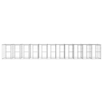 Ein langes, rechteckiges Haustiergehege aus Metalldraht, mit mehreren Zugangstüren an der Vorderseite.
