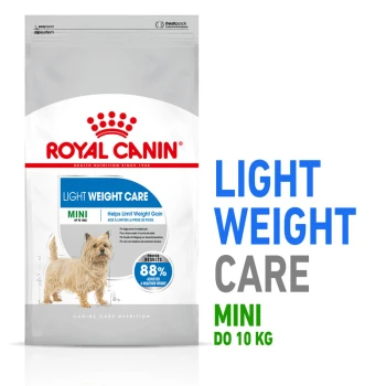 Worek z karmą Royal Canin Light Weight Care dla mini psów do 10 kg, z ilustracją małego psa i korzyściami w zarządzaniu wagą.