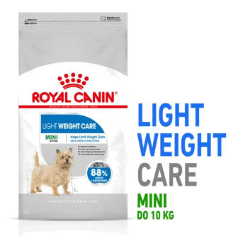 Worek z karmą Royal Canin Light Weight Care dla mini psów do 10 kg, z ilustracją małego psa i korzyściami w zarządzaniu wagą.