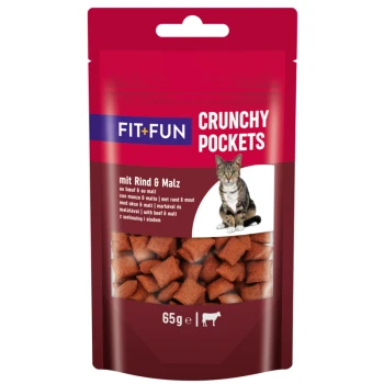 Emballage de friandises pour chat étiqueté 'FIT+FUN CRUNCHY POCKETS mit Rind & Malz', présentant un chat tigré et montrant des friandises croustillantes au goût de boeuf.