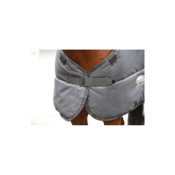 Nahaufnahme eines Pferdes, das eine graue Decke mit Schnallenverschluss und dekorativen Nähten trägt.