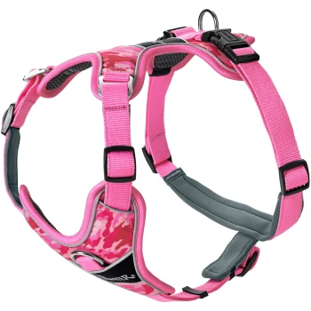 Rosa camouflierte Hundegeschirr mit verstellbaren Riemen und einem Metall-D-Ring zur Leinenbefestigung.