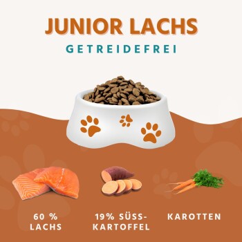 Tierfutteretikett: JUNIOR LACHS, GETREIDEFREI. Futterschüssel mit Pfotenabdrücken; 60% LACHS, 19% SÜSS-KARTOFFEL, KAROTTEN.