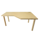 Ein moderner, minimalistischer Holztisch mit einzigartigem, kantigem Design und heller Holzoberfläche, mit vier zylindrischen Beinen.