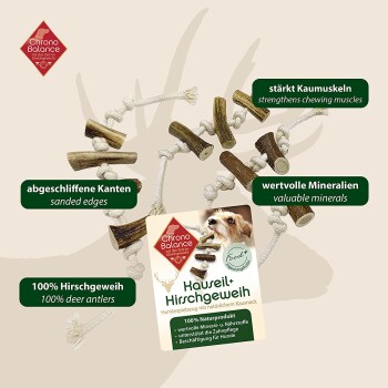 Hundekauspielzeug aus 100% Hirschgeweih, mit geschliffenen Kanten, fördert die Kaumuskulatur und liefert wertvolle Mineralien.