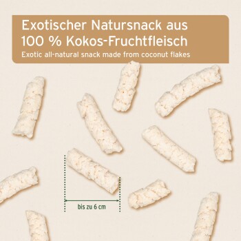 Kokosnussstäbchen für Haustiere in einer Kraftpapier-Tüte, mit einem Pferd und einem Hund, die Vorteile wie Trainingsleckerlis und keinen zugesetzten Zucker hervorheben.