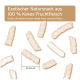 Kokosnussstäbchen für Haustiere in einer Kraftpapier-Tüte, mit einem Pferd und einem Hund, die Vorteile wie Trainingsleckerlis und keinen zugesetzten Zucker hervorheben.