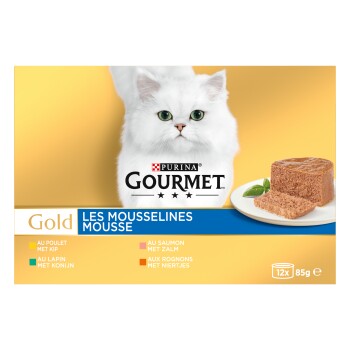 Boîte Purina Gourmet Gold Les Mousselines Mousse pour chat, chat blanc à poil long et assiette de mousse, 12x85 g