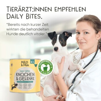Ein Tierarzt hält einen kleinen Hund, während er "Daily Bites" von Milo & Mia bewirbt und die Vorteile für Knochen und Gelenke betont.