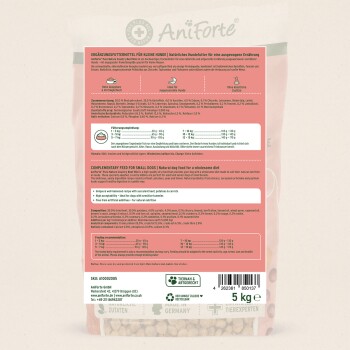 Rückseite einer AniForte-Hundefuttertüte für kleine Hunde, rosa Etikett mit Fütterungsempfehlung und Zutaten auf Deutsch/Englisch, Barcode und "5 kg".
