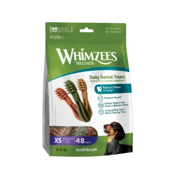 Sac de friandises dentaires Whimzees Wellness Daily (forme de brosse à dents), XS pour chiens, 48 friandises, image d'un petit teckel
