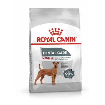 Royal Canin Dental Care Hundefutterbeutel, mit einem mittelgroßen Hund, behauptet, die Bildung von Zahnstein um 99% zu reduzieren.