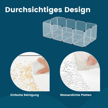 Transparente Haustierunterkunft mit wasserdichten Platten; enthält deutschen Text: "Durchsichtiges Design", "Einfache Reinigung", "Wasserdichte Platten."