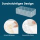 Transparente Haustierunterkunft mit wasserdichten Platten; enthält deutschen Text: "Durchsichtiges Design", "Einfache Reinigung", "Wasserdichte Platten."