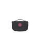 Schwarze Haustierzubehörtasche mit einem kastanienbraunen runden Logo, mit einem Griff und einem Reißverschluss.