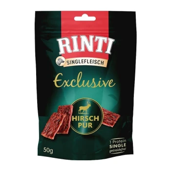 Rinti Singlefleisch Exclusive Hundesnacks, 50g Packung, mit getrockneten Rehstücken und dem Etikett "Hirsch Pur" sowie dem Anspruch "1 Protein Single."