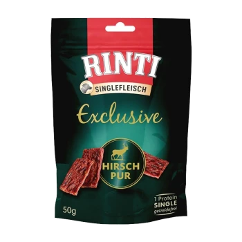Rinti Singlefleisch Exclusive Hundesnacks, 50g Packung, mit getrockneten Rehstücken und dem Etikett "Hirsch Pur" sowie dem Anspruch "1 Protein Single."