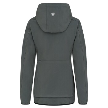 Rückansicht einer dunkelgrauen Haustierjacke mit Kapuze, mit einer Fronttasche und einem Logo auf dem oberen Rücken.