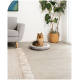 Ein flauschiger Pomeranian-Hund sitzt auf einem runden grauen Haustierbett in einem modernen Wohnzimmer mit einem grauen Sofa, einer großen Topfpflanze und einem bunten Wandkunstwerk.