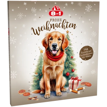 8in1 Hunde-Adventskalender mit Golden Retriever, Weihnachtsbäumen, Leckerlis und Text „Frohe Weihnachten“ und „24x fleischige Leckerbissen für Hunde“.